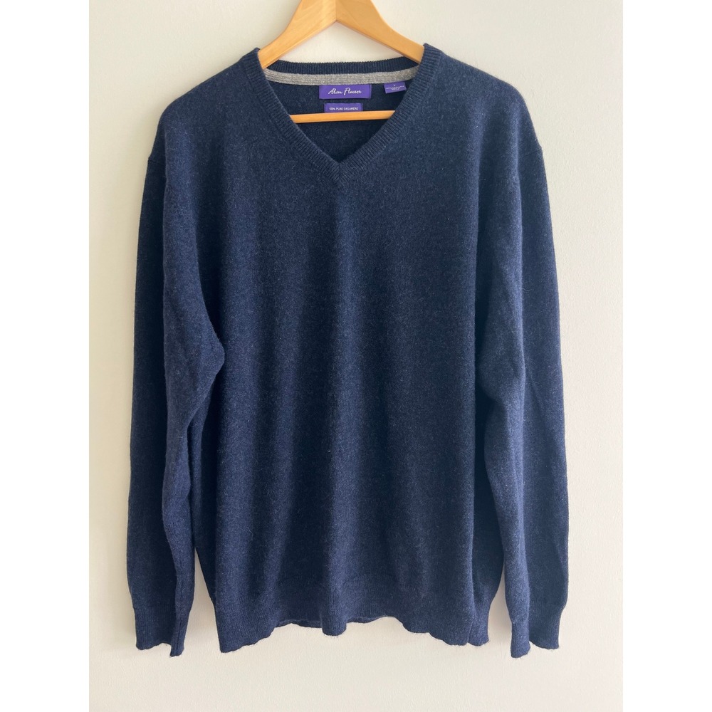 Alan‎ Flusser L Navy 100% Pure Cashmere V-Neck Sweater Quiet Luxury Old Money